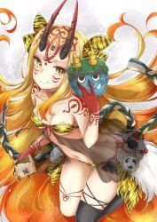 Rule 34 | 1girl, animal print, black nails, black thighhighs, blonde hair, bra, breasts, cleavage, collarbone, facial mark, fang, fang out, fate/grand order, fate (series), gradient hair, highres, holding, holding mask, horns, ibaraki douji (fate), lingerie, long hair, looking at viewer, mask, unworn mask, mikujin (mikuzin24), multicolored hair, nail polish, negligee, oni horns, oni mask, orange hair, panties, print bra, red ribbon, ribbon, see-through, small breasts, solo, strapless, strapless bra, tattoo, thighhighs, third eye, tiger panties, tiger print, underboob, underwear, underwear only, very long hair, yellow bra, yellow eyes, yellow panties