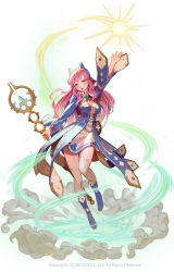 Rule 34 | 1girl, aqua eyes, arm up, blue footwear, boots, breasts, character request, cleavage, cleavage cutout, clothing cutout, copyright request, english text, floating, hair ornament, hairclip, hat, highres, holding, holding staff, long hair, magic, medium breasts, nexon, open mouth, pink hair, simple background, solo, staff, thighhighs, timbougami, white background, white thighhighs