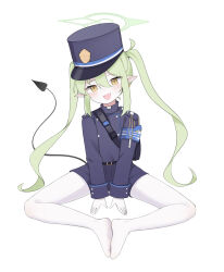 Rule 34 | 1girl, armband, black hat, black jacket, black shorts, black tail, blue archive, blue armband, blush, commentary request, full body, green hair, green halo, hair between eyes, halo, hat, highres, jacket, long hair, long sleeves, looking at viewer, nozomi (blue archive), open mouth, paid reward available, pantyhose, peaked cap, pointy ears, shorts, simple background, sitting, smile, solo, tail, twintails, white background, white pantyhose, wl217 (nicexa111), yellow eyes