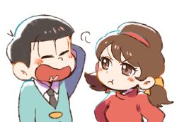 Rule 34 | 10s, 1boy, 1girl, arm behind head, black hair, blush, brown eyes, brown hair, closed eyes, formal, hairband, heart, heart in mouth, kuri (shibimame), matsuno osomatsu, osomatsu-kun, osomatsu-san, osomatsu (series), pout, short twintails, simple background, suit, turtleneck, twintails, upper body, white background, yowai totoko