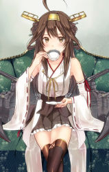 Rule 34 | 10s, 1girl, 3u, ahoge, bad id, bad pixiv id, brown eyes, brown hair, cup, detached sleeves, drinking, hairband, headgear, kantai collection, kongou (kancolle), personification, plate, skirt, solo, teacup, thighhighs, zettai ryouiki
