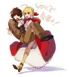 Rule 34 | 1boy, 1girl, ahoge, armored boots, black footwear, black shirt, blonde hair, blush, boots, bow, breasts, brown eyes, brown hair, brown jacket, brown pants, carrying, collared shirt, commentary request, covering own mouth, dress, fate/grand order, fate (series), food, formal, full body, green eyes, hair between eyes, hair bow, hair bun, hands up, highres, holding, holding food, hot dog, jacket, juliet sleeves, leg up, long sleeves, looking at another, looking to the side, me (mikannu), medium breasts, nero claudius (fate), nero claudius (fate) (all), open mouth, pants, princess carry, puffy sleeves, red bow, red dress, running, shadow, shirt, shoes, short hair, sidelocks, simple background, smile, suit, teeth, two-tone dress, v-shaped eyebrows, white background, white dress