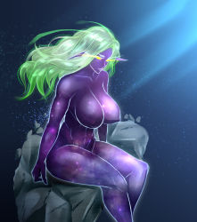 Rule 34 | 1girl, abs, alien, breasts, colored skin, galaxy, glowing, glowing eyes, glowing horns, glowing skin, green hair, highres, horns, large breasts, light particles, long hair, nipples, nofuture, nude, original, pointy ears, purple skin, sitting, solo, space print, starry sky print, thighs, universe, yellow eyes