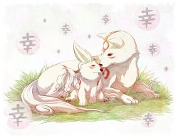 Rule 34 | amaterasu (ookami), chibiterasu, dog, licking, mother and son, no humans, ookami (game), ookamiden, puppy, tail, tongue, tongue out, tsukumo (soar99), wolf