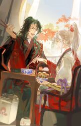 Rule 34 | 2boys, archer (fate/samurai remnant), arm guards, autumn, autumn leaves, black hanfu, bowl, chinese clothes, chinese hairpin, chopsticks, closed eyes, curtains, fate/samurai remnant, fate (series), food, gaelyon, green hair, grey hair, half updo, hanfu, high ponytail, highres, holding, holding bowl, holding chopsticks, leaf, low-tied sidelocks, maple leaf, multicolored hair, multiple boys, red robe, robe, round window, sitting, smile, streaked hair, window, xiao guan (headdress), zheng chenggong (fate)
