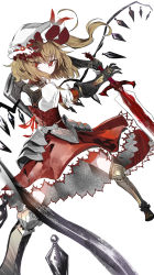 Rule 34 | 1girl, adapted costume, alternate wing color, alternate wings, armor, bad id, bad pixiv id, blonde hair, crystal, flandre scarlet, foot out of frame, hat, highres, holding, holding sword, holding weapon, medium hair, mob cap, pale skin, red eyes, red ribbon, red skirt, red vest, ribbon, ryoma (rym 369), shirt, side ponytail, simple background, skirt, solo, sword, touhou, vest, weapon, white background, white hat, white shirt, wings