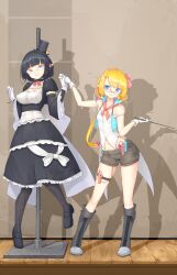 Rule 34 | 2girls, absurdres, back bow, bare shoulders, black dress, black footwear, black hair, blonde hair, blue eyes, boots, bow, covered erect nipples, dress, dress bow, frilled dress, frills, gloves, grey shorts, hair bow, hair ornament, hairclip, hat, highres, holding hands, huge bow, kearful, knee boots, light smile, long hair, mini hat, mini top hat, multiple girls, original, pointer, pointy ears, restrained, rimless eyewear, sex toy, shirt, short hair, short shorts, shorts, stationary restraints, stealth bondage, striped clothes, striped thighhighs, thighhighs, top hat, vertical-striped clothes, vertical-striped thighhighs, vibrator, vibrator in thighhighs, vibrator under clothes, white bow, white gloves, white shirt, wide sleeves, wooden floor