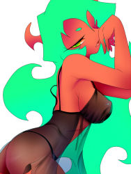Rule 34 | 10s, 1girl, ass, breasts, colored skin, demon girl, green eyes, green hair, horns, large breasts, long hair, matching hair/eyes, nabe (ingenmame), nightgown, nipples, panty &amp; stocking with garterbelt, red skin, scanty (psg), see-through, solo, tongue, yellow eyes