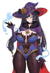Rule 34 | 1girl, black hair, blush, bodystocking, breasts, choker, cleavage, genshin impact, gloves, green eyes, hat, hella p, highres, large breasts, leotard, long hair, mona (genshin impact), pantyhose, solo, thick thighs, thighs, twintails, white background, wide hips, witch hat