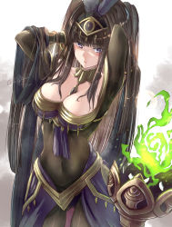 Rule 34 | 1girl, absurdres, arms up, black hair, bodystocking, breasts, circlet, clear glass (mildmild1311), cleavage, collarbone, feathers, fire emblem, fire emblem awakening, fire emblem heroes, highres, large breasts, looking at viewer, nintendo, official alternate costume, purple eyes, solo, tagme, tharja (fire emblem)