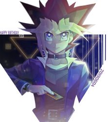 Rule 34 | 1boy, belt, black shirt, blonde hair, card, cbow, character name, closed mouth, collar, collarbone, commentary request, dyed bangs, hair between eyes, hand up, happy birthday, highres, holding, holding card, jacket, male focus, multicolored hair, muto yugi, purple eyes, purple jacket, school uniform, shirt, smile, solo, spiked hair, yu-gi-oh!, yu-gi-oh! duel monsters