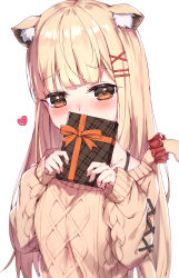 Rule 34 | 1girl, absurdres, animal ear fluff, animal ears, aran sweater, blonde hair, blush, box, breasts, brown eyes, brown sweater, cable knit, cat ears, cat girl, cat tail, commentary request, gift, gift box, hair ornament, hairclip, hands up, heart, highres, holding, holding gift, long hair, long sleeves, masaki (msk064), medium breasts, original, plaid, puffy long sleeves, puffy sleeves, red scrunchie, scrunchie, simple background, sleeves past wrists, solo, sweater, tail, tail scrunchie, upper body, valentine, very long hair, white background, x hair ornament