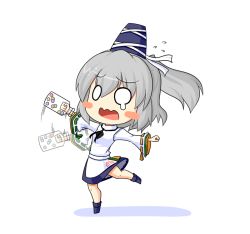 Rule 34 | 1girl, blush, blush stickers, candy, crying, female focus, flying sweatdrops, food, grey hair, hat, japanese clothes, jar, leg up, long sleeves, mononobe no futo, open mouth, ponytail, skirt, solo, stuck, tate eboshi, touhou, urushi, wide sleeves