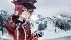 Rule 34 | 10s, 1girl, alternate costume, blush, breath, brown eyes, brown hair, buttons, coat, commentary request, hat, highres, hood, hooded jacket, jacket, kantai collection, long sleeves, looking to the side, military hat, mountain, outdoors, ruisento, short hair, snow, solo, steam, sword, tree, weapon, winter, winter clothes, winter coat, z3 max schultz (kancolle)
