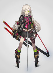 Rule 34 | 1girl, armor, armored boots, asymmetrical legwear, black serafuku, boots, breasts, closed mouth, expressionless, gloves, green eyes, grey hair, hand up, hands on hilt, highres, holster, katana, knife, long hair, long sleeves, md5 mismatch, medium breasts, mismatched legwear, neco, original, planted, planted sword, planted weapon, resolution mismatch, school uniform, science fiction, serafuku, sheath, sheathed, single thighhigh, solo, source smaller, sword, thigh holster, thighhighs, wakizashi, weapon