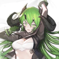 Rule 34 | 1girl, arknights, arm up, black jacket, bra, breasts, close-up, dakimakura (medium), dragon horns, estelle (arknights), green eyes, green hair, gstiyl, highres, horns, jacket, long hair, looking at viewer, lying, material growth, medium breasts, on back, open clothes, open jacket, oripathy lesion (arknights), parted lips, scar, scar on face, scar on nose, solo, underwear, very long hair, white bra