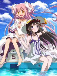 Rule 34 | 10s, 2girls, :d, akemi homura, ayukko (forest village), barefoot, black hair, bow, breasts, choker, cleavage, cleavage cutout, clothing cutout, cloud, day, dress, hair bow, hairband, hand on headwear, happy, hat, holding hands, kaname madoka, long hair, mahou shoujo madoka magica, mahou shoujo madoka magica (anime), multiple girls, open mouth, outdoors, pink hair, pool, poolside, purple eyes, sitting, sky, sleeveless, small breasts, smile, soaking feet, sun hat, sundress, twintails, two side up, ultimate madoka, water, wide sleeves, yellow eyes
