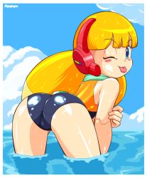 Rule 34 | 1girl, ;p, ass, bad id, bad pixiv id, bent over, blonde hair, blue eyes, blush stickers, call (mighty no. 9), call h, competition swimsuit, from behind, joints, long hair, mighty no. 9, multicolored hair, ocean, one-piece swimsuit, one eye closed, pepipopo, robot ears, robot joints, scarf, solo, swimsuit, tongue, tongue out, two-tone hair, wading, wet
