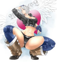 Rule 34 | 1girl, angel (kof), black panties, blue eyes, boots, breasts, cai-man, chaps, cleavage, cowboy boots, cropped jacket, female focus, fingerless gloves, full body, gloves, highres, jacket, large breasts, leather, leather jacket, midriff, navel, panties, silver hair, solo, spread legs, squatting, the king of fighters, underwear