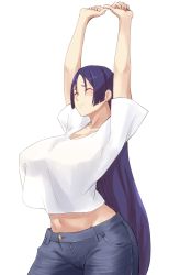 Rule 34 | 1girl, absurdres, alternate costume, arms up, breasts, casual, closed eyes, curvy, denim, fate/grand order, fate (series), highres, jeans, large breasts, long hair, low-tied long hair, manno (kanpi2100), midriff, minamoto no raikou (fate), pants, parted bangs, purple hair, see-through, shirt, short sleeves, smile, solo, stretching, t-shirt, very long hair, white shirt