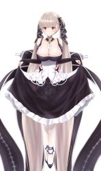 Rule 34 | 1girl, absurdly long hair, absurdres, azur lane, between breasts, black dress, blunt bangs, breasts, cleavage, clothes lift, detached collar, dress, dress lift, earrings, formidable (azur lane), frilled dress, frills, grey hair, highres, jewelry, large breasts, long hair, looking at viewer, nail polish, pantyhose, red eyes, ribbon, simple background, solakaki, solo, turret, twintails, very long hair, white background, white pantyhose
