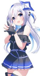 Rule 34 | 1girl, :d, amane kanata, amane kanata (work), bare shoulders, black gloves, black shirt, black skirt, blue eyes, blue hair, blue skirt, blue thighhighs, blush, commentary, cowboy shot, flat chest, floating hair ornament, fragir, gloves, gradient skirt, hair between eyes, hair intakes, highres, hololive, jewelry, legs together, long hair, looking at viewer, mini wings, multicolored hair, off-shoulder shirt, off shoulder, official alternate costume, one side up, open mouth, own hands together, partially fingerless gloves, pendant, petticoat, pink eyes, pleated skirt, shirt, sidelocks, simple background, skirt, smile, solo, steepled fingers, thighhighs, two-tone eyes, two-tone hair, virtual youtuber, white background, white hair, wings, zettai ryouiki
