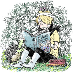 Rule 34 | 2boys, aged down, bandaid, bandaid on face, black pants, book, boots, closed eyes, curly eyebrows, grin, itowo (itowc), male focus, mouse (animal), mouse on head, multiple boys, one piece, open book, pants, sanji (one piece), shirt, sitting, smile, solo, turtle, yellow shirt