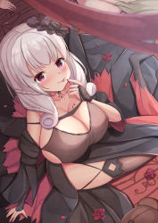 Rule 34 | 1girl, azur lane, black dress, black thighhighs, blush, breasts, cleavage, closed mouth, collarbone, dress, drill hair, drill sidelocks, finger to mouth, highres, inari jin, jewelry, large breasts, licking lips, lips, long hair, looking at viewer, luetzow (azur lane), luetzow (everlasting blood banquet) (azur lane), necklace, official alternate costume, purple eyes, sidelocks, sitting, solo, thighhighs, thighs, tongue, tongue out, white hair