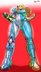 Rule 34 | 1girl, abs, absurdres, arm cannon, awesomeerix, blonde hair, breasts, clenched hands, covered abs, covered erect nipples, covered navel, derivative work, feet, full body, gluteal fold, gradient background, green eyes, highres, large breasts, metroid, metroid dread, nintendo, power suit, red background, samus aran, serious, solo, standing, stirrup legwear, super metroid, thigh gap, toeless legwear, toes, weapon, x-ray