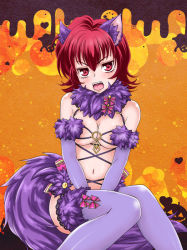 Rule 34 | 1girl, angry, animal costume, animal ears, bare shoulders, blush, bow, breasts, cleavage, cosplay, elbow gloves, embarrassed, fate/grand order, fate (series), fur, fur trim, gloves, halloween, iria animi, jack-o&#039;-lantern, jitome, looking at viewer, mash kyrielight, mash kyrielight (dangerous beast), mash kyrielight (dangerous beast) (cosplay), medium breasts, navel, official alternate costume, open mouth, orange background, pink bow, purple gloves, purple thighhighs, red eyes, red hair, revealing clothes, ribbon, rukanyo, shielder (fate/grand order) (cosplay), shiny skin, short hair, sitting, solo, tail, tales of (series), tales of innocence, thighhighs, underboob, wolf ears, wolf tail