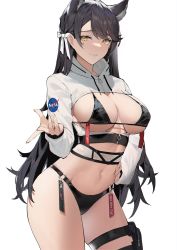 Rule 34 | 1girl, alios arvin, animal ears, atago (azur lane), azur lane, bikini, black bikini, black hair, breasts, cleavage, commentary, contrapposto, cowboy shot, crop top, drawstring, extra ears, framed breasts, grin, hair ribbon, hand on own hip, highres, hood, hood down, large breasts, long hair, long sleeves, looking at viewer, mole, mole under eye, nasa logo, navel, no pants, o-ring, o-ring bikini, revealing clothes, ribbon, shirt, simple background, smile, solo, standing, stomach, string bikini, swept bangs, swimsuit, thigh strap, thighs, very long hair, white background, white shirt, yellow eyes