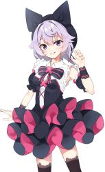 Rule 34 | 1girl, beret, black bow, black dress, black hat, black sleeves, black thighhighs, blush, bow, commentary request, detached sleeves, dress, grin, hand up, hat, highres, indie virtual youtuber, korean commentary, kutata, kyue (vtuber), layered dress, looking at viewer, pleated dress, puffy short sleeves, puffy sleeves, purple eyes, purple hair, shirt, short sleeves, simple background, sleeveless, sleeveless shirt, smile, solo, standing, striped, striped bow, thighhighs, virtual youtuber, white background, white shirt, wrist cuffs, x