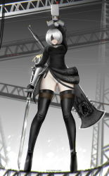 Rule 34 | 1girl, bad id, bad pixiv id, black blindfold, black dress, black footwear, black hairband, blindfold, boots, breasts, cleavage cutout, clothing cutout, dress, facing viewer, feather-trimmed sleeves, hairband, highleg, highleg leotard, huge weapon, juliet sleeves, leotard, long sleeves, medium breasts, mole, mole under mouth, nier (series), nier:automata, pod (nier:automata), puffy sleeves, short hair, silver hair, solo, standing, sword, tecnomayro, thigh boots, thighhighs, thighhighs under boots, vambraces, weapon, weapon on back, white leotard, 2b (nier:automata)