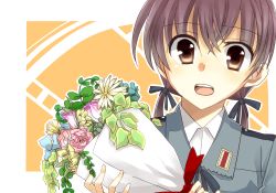 Rule 34 | 1girl, bouquet, brown eyes, brown hair, flower, gertrud barkhorn, kusugaya, solo, strike witches, twintails, uniform, world witches series