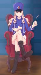 Rule 34 | 1girl, armchair, bc freedom (emblem), bc freedom military uniform, black footwear, blonde hair, blue hat, blue jacket, blue vest, boots, cake, chair, closed mouth, commentary, crossed legs, dress shirt, drill hair, egooo, emblem, food, fork, full body, girls und panzer, green eyes, hat, high collar, holding, holding fork, holding saucer, indoors, jacket, long hair, long sleeves, looking at viewer, marie (girls und panzer), military, military hat, military uniform, miniskirt, pleated skirt, saucer, shako cap, shirt, sitting, skirt, smile, solo, uniform, vest, white shirt, white skirt