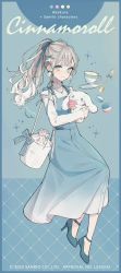 Rule 34 | 1girl, 2022, akakura, artist name, bag, blue eyes, blue footwear, blue ribbon, character name, cinnamoroll, closed mouth, company name, copyright notice, cup, dress, earrings, floating, full body, grey hair, hair ribbon, high heels, highres, jewelry, long hair, long sleeves, looking at viewer, official art, pom pom (clothes), pom pom earrings, ponytail, ribbon, sanrio, saucer, shoulder bag, solo, spoon, teacup, white bag