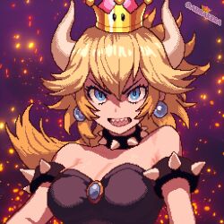 Rule 34 | absurdres, angry, ashes, aurakera, bare shoulders, blonde hair, blue eyes, bowsette, breasts, collar, crown, earrings, fangs, fire ashes, highres, jewelry, large breasts, mario (series), new super mario bros. u deluxe, nintendo, pixel art, purple background, spiked collar, spikes