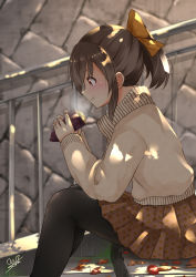 Rule 34 | 1girl, :t, absurdres, artist name, autumn, black pantyhose, blush, bow, brown hair, brown skirt, brown sweater, closed mouth, commentary request, dappled sunlight, dated, day, eating, floral print, food, from side, hair bow, highres, holding, holding food, hori yuuko, idolmaster, idolmaster cinderella girls, leaf, long sleeves, outdoors, pantyhose, pleated skirt, profile, railing, red eyes, short hair, short ponytail, sidelocks, signature, sitting, skirt, smile, solo, sora (silent square), stairs, sunlight, sweater, sweet potato, tareme