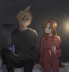 Rule 34 | 1boy, 1girl, 2021, aerith gainsborough, bad id, bad pixiv id, bed sheet, black pants, black shirt, blonde hair, blue eyes, blush, brown hair, closed mouth, cloud strife, collarbone, collared shirt, couple, cup, dated, dress shirt, eye contact, final fantasy, final fantasy vii, green eyes, grey background, hair between eyes, hair intakes, hetero, holding, holding cup, holding hands, indoors, interlocked fingers, krudears, long hair, long sleeves, looking at another, open mouth, pajamas, pants, red pants, red shirt, shirt, spiked hair, twitter username, very long hair, watermark, wing collar