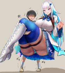 Rule 34 | 1boy, 1girl, absurdres, armband, ass, blue hair, blue panties, blue thighhighs, boots, carrying, clenched teeth, colored inner hair, cross-laced footwear, faceless, faceless male, grey background, hair ornament, hairclip, heavy, height difference, highres, ibaraado, lize helesta, long hair, multicolored hair, nijisanji, panties, pantyshot, pink eyes, princess carry, simple background, size difference, streaked hair, sweatdrop, teeth, thick thighs, thigh strap, thighhighs, thighs, trembling, underwear, virtual youtuber, white hair, zettai ryouiki