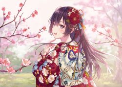 Rule 34 | 1girl, :d, black hair, blue eyes, blurry, blurry background, blush, branch, cherry blossoms, commentary request, day, depth of field, floating hair, floral print, flower, fukahire (ruinon), furisode, hair flower, hair ornament, hand up, japanese clothes, kanzashi, kimono, long hair, long sleeves, looking at viewer, looking back, obi, open mouth, original, outdoors, red flower, red kimono, sash, sidelocks, sky, smile, solo, teeth, tree, upper body, upper teeth only, wide sleeves