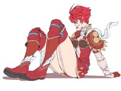 Rule 34 | 1girl, armor, breasts, brown eyes, chest armor, fire emblem, fire emblem fates, garter straps, gloves, hands on ground, highres, hinoka (fire emblem), kevvv, kneehighs, looking to the side, nintendo, on ground, puffy sleeves, red footwear, red hair, scarf, short hair, sitting, smirk, socks, solo, thighs, white scarf