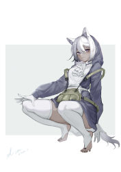 Rule 34 | 1girl, absurdres, animal ears, apron, arknights, ascot, black nails, bridal legwear, closed mouth, dark-skinned female, dark skin, dated, dress, eyebrows hidden by hair, full body, gloves, grey dress, hand on own knee, highres, hood, hood up, hooded dress, horse ears, horse girl, horse tail, long sleeves, looking at viewer, nail polish, no shoes, official alternate costume, purple eyes, short hair, signature, silver hair, smile, solo, squatting, stirrup legwear, sue yanagi-san, tail, thighhighs, toeless legwear, toenail polish, toenails, tuye (arknights), tuye (cultivate vegetation) (arknights), white apron, white ascot, white gloves, white thighhighs