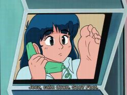 Rule 34 | 1girl, animated, animated gif, artist request, barefoot, blue hair, blush, dirty pair, english text, feet, foot focus, long hair, meme, open mouth, soles, solo, toes, yuri (dirty pair)