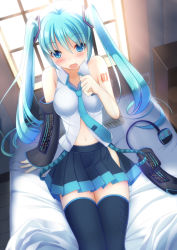 Rule 34 | 1girl, :o, bad id, bad pixiv id, blue eyes, blue hair, blush, detached sleeves, hatsune miku, highres, matching hair/eyes, midriff, navel, necktie, open mouth, solo, tattoo, thighhighs, umitonakai, vocaloid