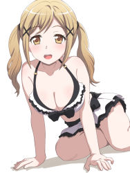 Rule 34 | 1girl, all fours, arm support, bang dream!, bikini, bikini skirt, blonde hair, breasts, brown eyes, cleavage, frilled skirt, frills, front-tie top, ichigaya arisa, large breasts, long hair, looking at viewer, medium breasts, meow (nekodenki), open mouth, simple background, skirt, smile, solo, swimsuit, twintails, white background, white bikini
