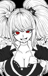 Rule 34 | 1girl, :p, bear hair ornament, bow, bra, breasts, cleavage, collarbone, danganronpa: trigger happy havoc, danganronpa (series), enoshima junko, hair ornament, hands up, heart, heart print, highres, jewelry, large breasts, mozuku (iiiiiiimomo), nail polish, necklace, open mouth, red eyes, shirt bow, solo, spot color, tongue, tongue out, twintails, underwear