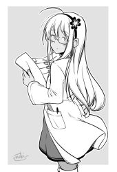 Rule 34 | 1girl, blueprint (object), blush, closed mouth, commentary request, dress, fairy (kancolle), flower, fujinoki (horonabe-ken), glasses, greyscale, hair between eyes, hair flower, hair ornament, hairband, kantai collection, lab coat, long hair, long sleeves, looking at viewer, looking back, monochrome, pen, prototype fat type 95 oxygen torpedo kai, ruler, simple background, solo, standing
