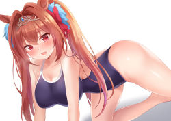 Rule 34 | 1girl, animal ears, bare shoulders, blue one-piece swimsuit, blush, breasts, brown hair, commentary request, daiwa scarlet (umamusume), hair intakes, horse ears, horse girl, large breasts, long hair, looking at viewer, nikoo, one-piece swimsuit, open mouth, red eyes, school swimsuit, simple background, solo, swimsuit, thighs, tiara, twintails, umamusume, very long hair, white background