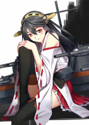 Rule 34 | 10s, 1girl, black hair, black thighhighs, boots, brown eyes, cannon, haruna (kancolle), headgear, hugging own legs, kantai collection, leg up, light smile, long hair, looking at viewer, makeup, mecha musume, miniskirt, nontraditional miko, pleated skirt, ribbon-trimmed sleeves, ribbon trim, sakamoto mineji, sitting, skirt, solo, thigh boots, thighhighs, turret